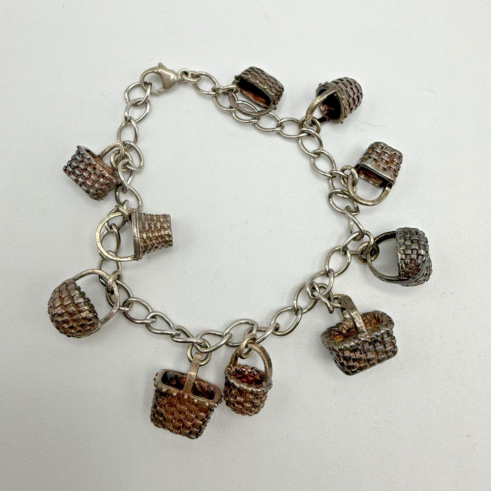 Estate Vtg BCB BROWN COUNTY BASKETS Sterling Silver Basket Charm Bracelet - 7.5"